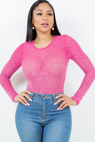 #4253JSR | Rhinestone Embellished Long Sleeve Bodysuit | 6 Colors