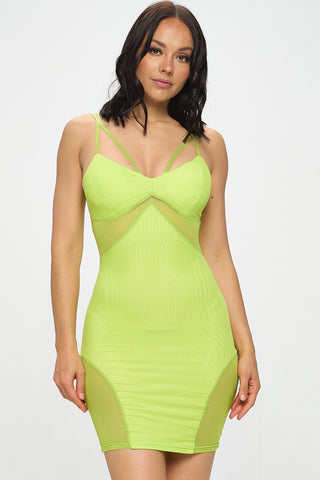 5418DR | Solid Strappy Mesh Insert Detail Bodycon Dress | 4 Colors