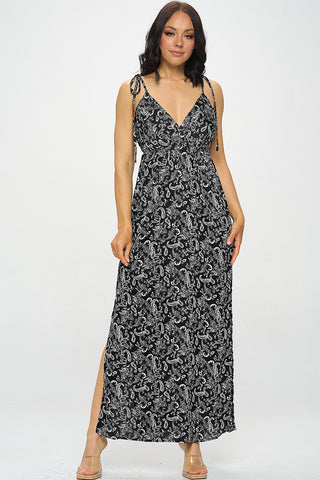 5628DR | Paisley Print Satin Maxi Dress With Side Slits  | 2 Colors