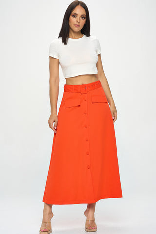 #5681SR | Solid Belted Long Skirt With Button Closure | 2 Color