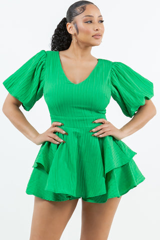 #5975JSR | Short Puff Sleeve Romper With Tie Back | 4 Colors