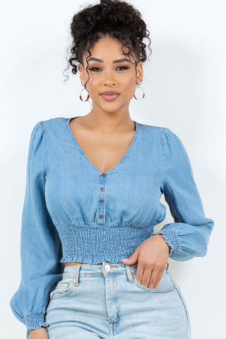 #6058TR | Long Sleeve V-Neck Smocked Denim Top | 1 Color