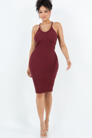 #6095DR | Chain Trim Ribbed Knit Dress | 3 Colors