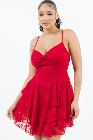 6146DR | Twist Front Tiered Lace Mini Dress | 3 Colors