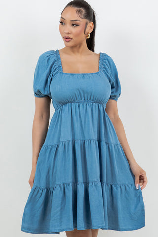 6178DRN | Short Sleeve Tiered Denim Dress | 1 Color