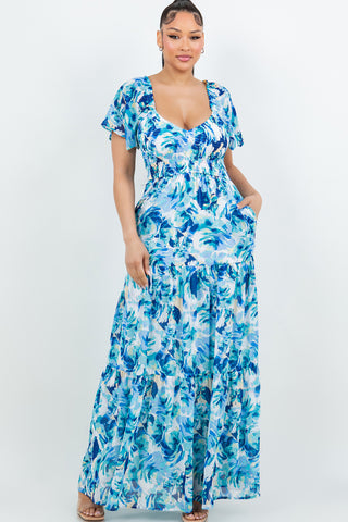 6206DR | Printed Short Sleeve Tiered Maxi Dress  | 3 Colors
