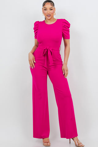 #6254JSR | Solid Puff Short Sleeve Tie Waist Jumpsuit | 8 Colors