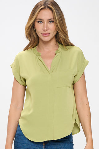 5931TR |  Notched Neckline Cap Sleeve Blouse | 7 Colors