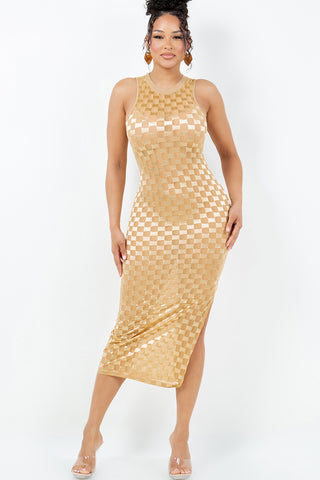 #S6060DR | Sleeveless Checkered Mesh Dress With Side Slit| 2 Colors